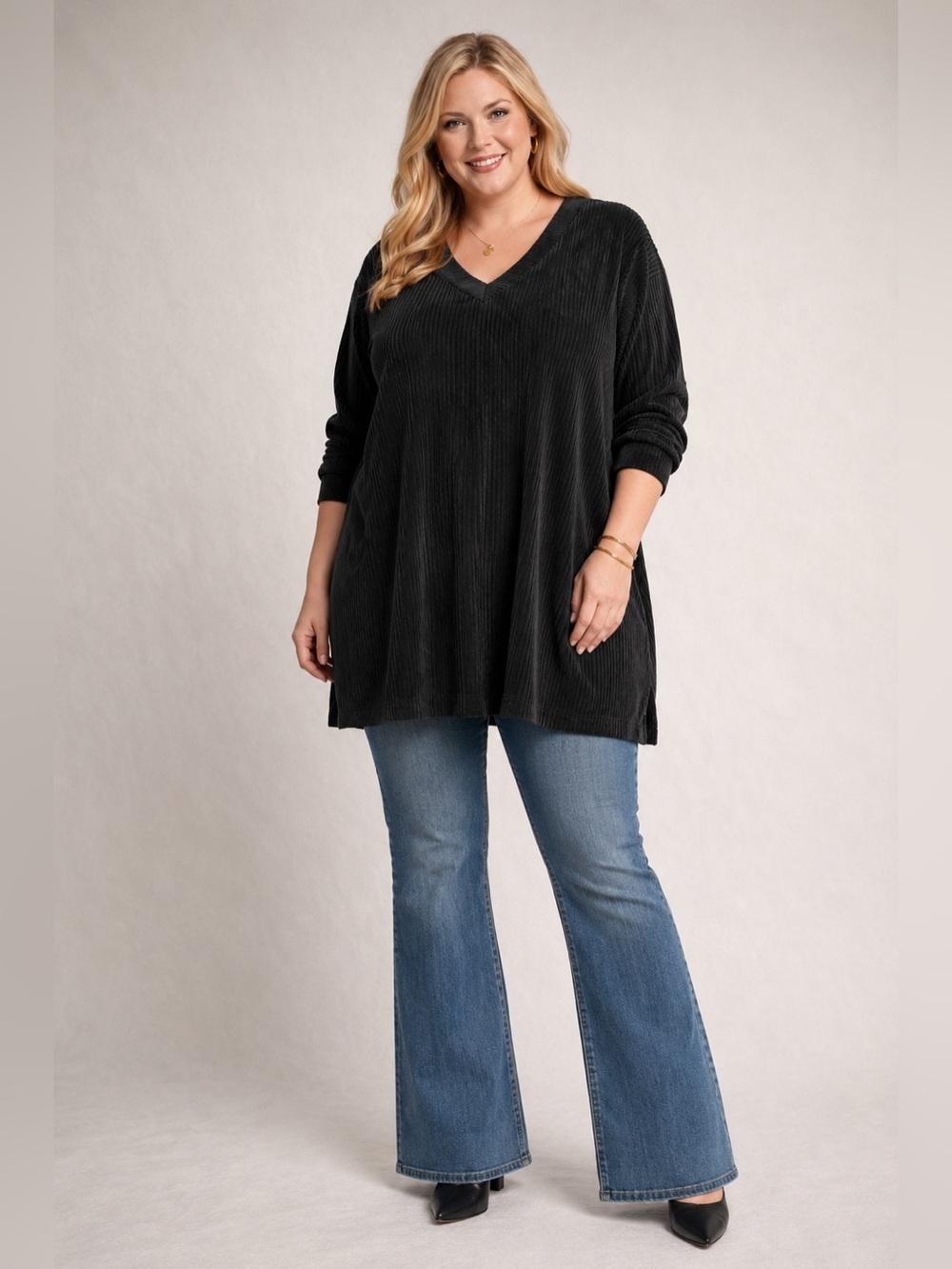 Nicole Miller Black Velvet Tunic Ribbed Boho Relaxed Minimalist VNeck Pockets 2X